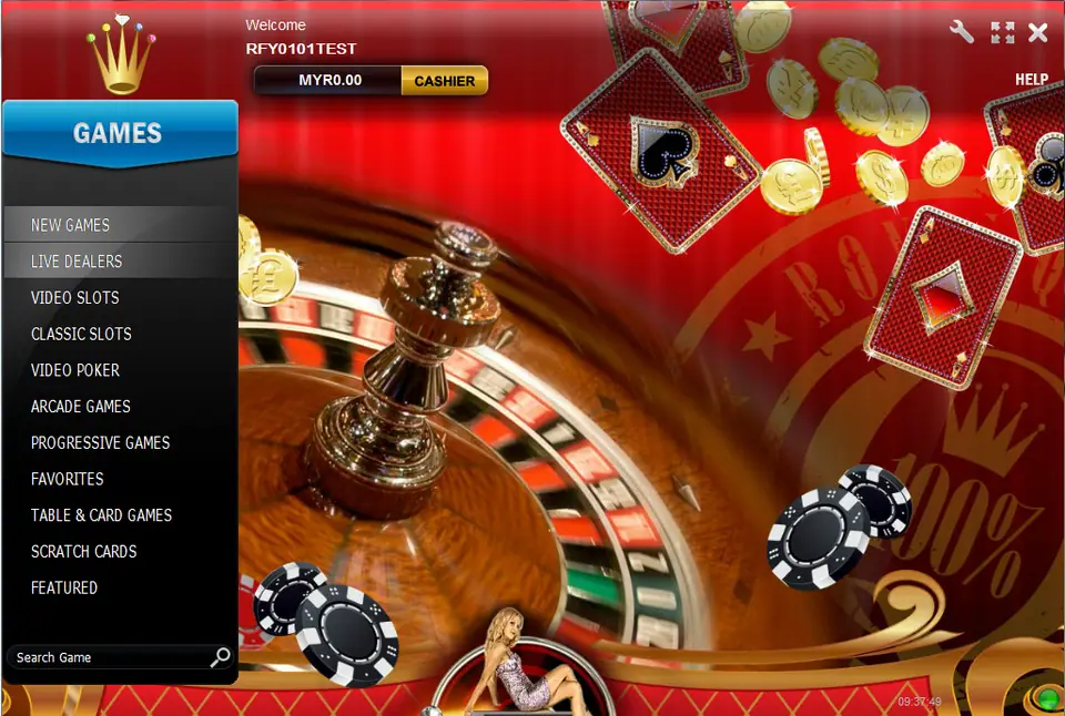 Rollex11 client start screen with a crown logo, MYR0.00 balance and Cashier button, and a Games menu listing Live Dealers, Video Slots, Video Poker and Scratch Cards