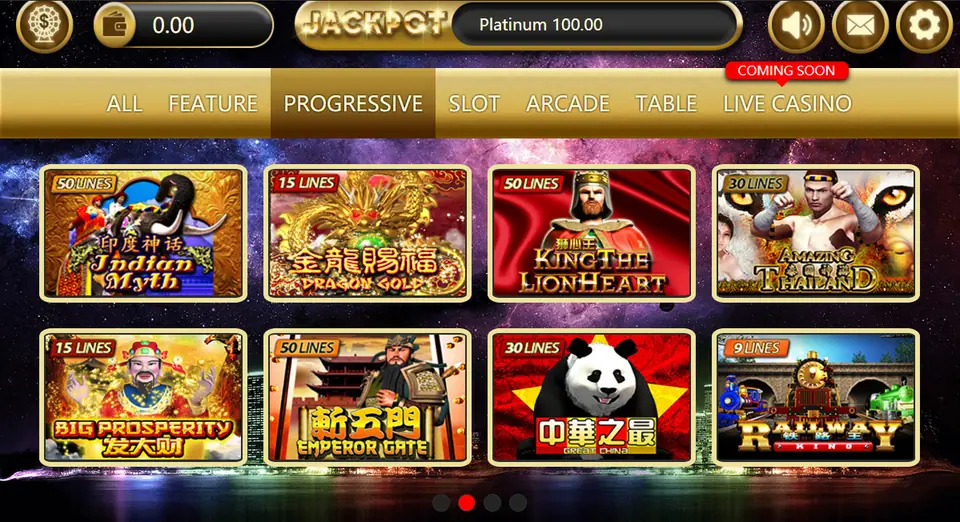 SKY777 lobby on the Progressive tab with line-count badges on tiles such as Indian Myth, Dragon Gold, King the Lionheart, Big Prosperity and Railway King