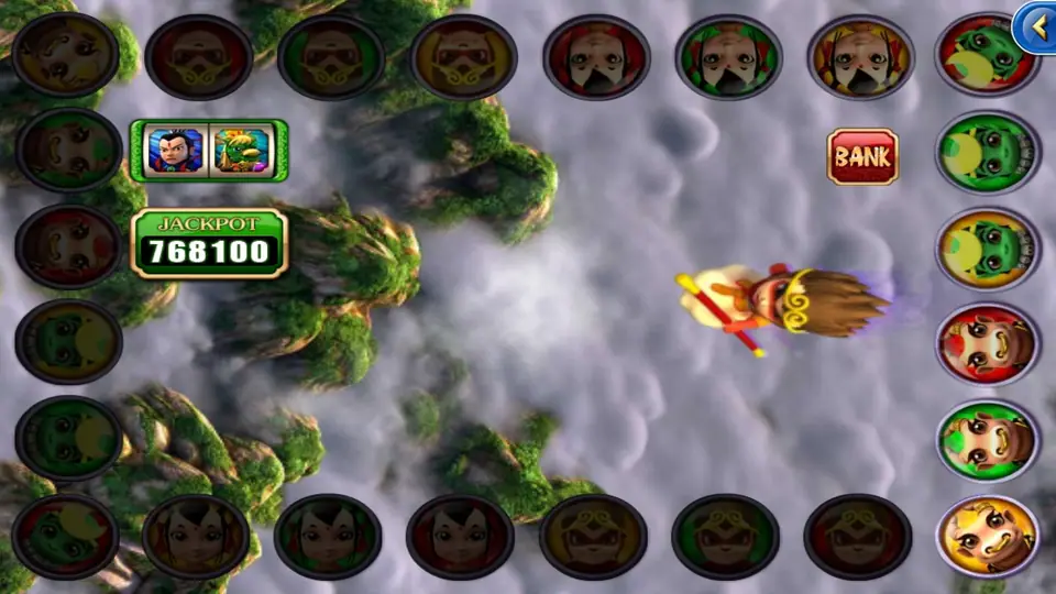 Monkey King flying on his cloud across the centre of the Battle World ring, a BANK result tag and jackpot 768100