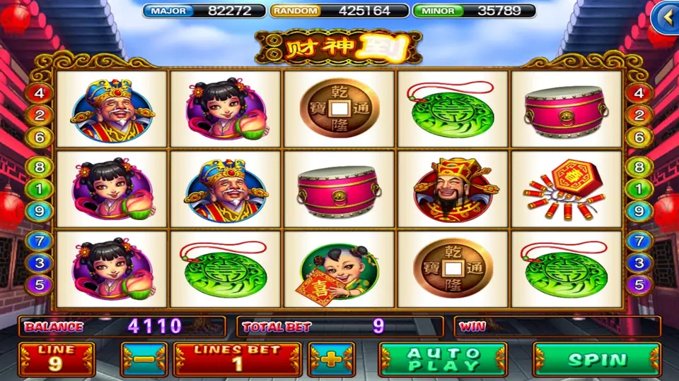 God of Wealth reels with Cai Shen on reel 4, the blue-hatted elder twice, the peach girl, drums and bronze coins, balance 4110 at total bet 9