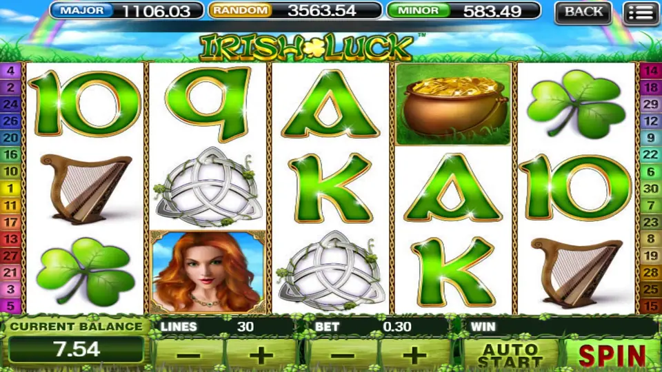 Irish Luck reels with the red-haired wild on reel 2, harps, Celtic knots and green A and K symbols, current balance 7.54
