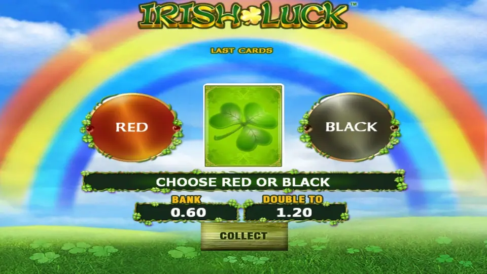 Irish Luck Red or Black gamble screen under a rainbow, BANK 0.60 and DOUBLE TO 1.20 with a COLLECT button