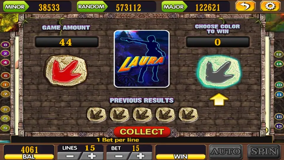 Laura double-up screen with GAME AMOUNT 44, a red and a black footprint stone, PREVIOUS RESULTS row and COLLECT button