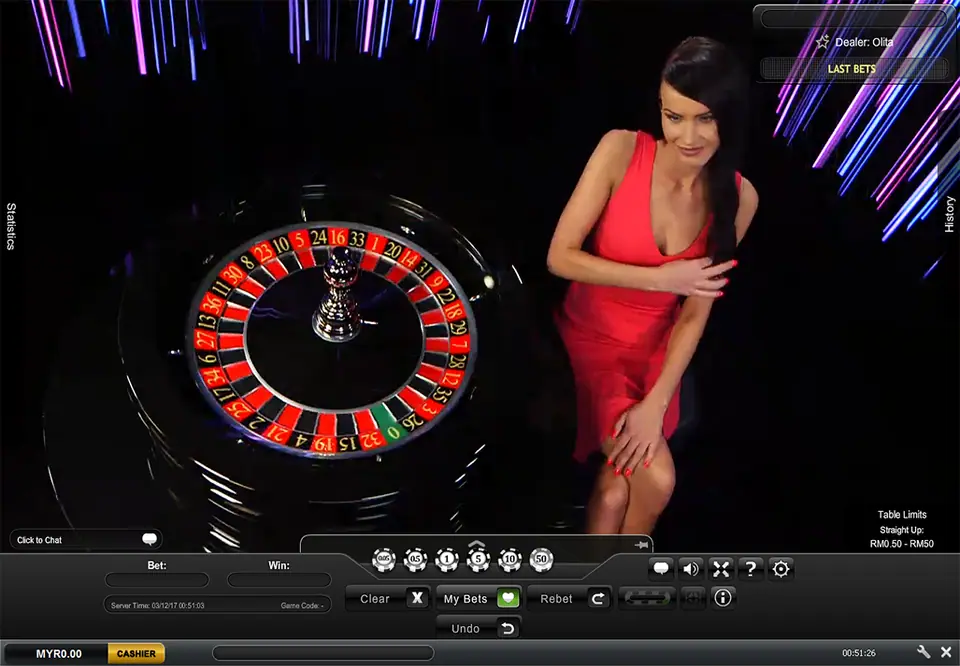 Lucky Palace live roulette table with dealer Olita, a roulette wheel, chip selector from 0.05 to 50 and table limits of RM0.50 to RM50 straight up