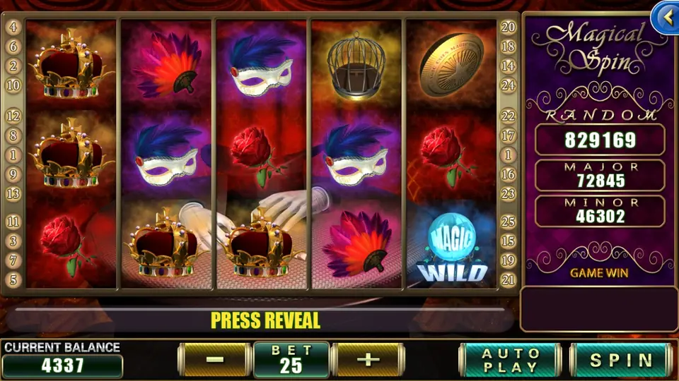 Magical Spin reels before a reveal, with crowns on reel 1, masks and a Magic Wild on reel 5, PRESS REVEAL under the grid