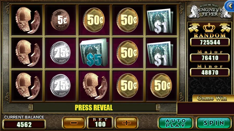 Money Fever 5x3 reels on 918Kiss full of 5, 25 and 50 cent coins and dollar bills, with PRESS REVEAL under the grid and a bet of 100